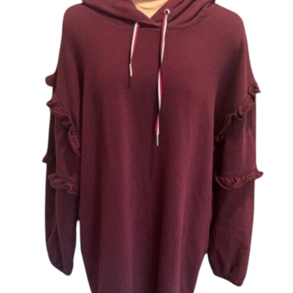 Tommy Hilfiger Burgundy Hoodie Sweatshirt Dress Ruffle Sleeve Casual XL